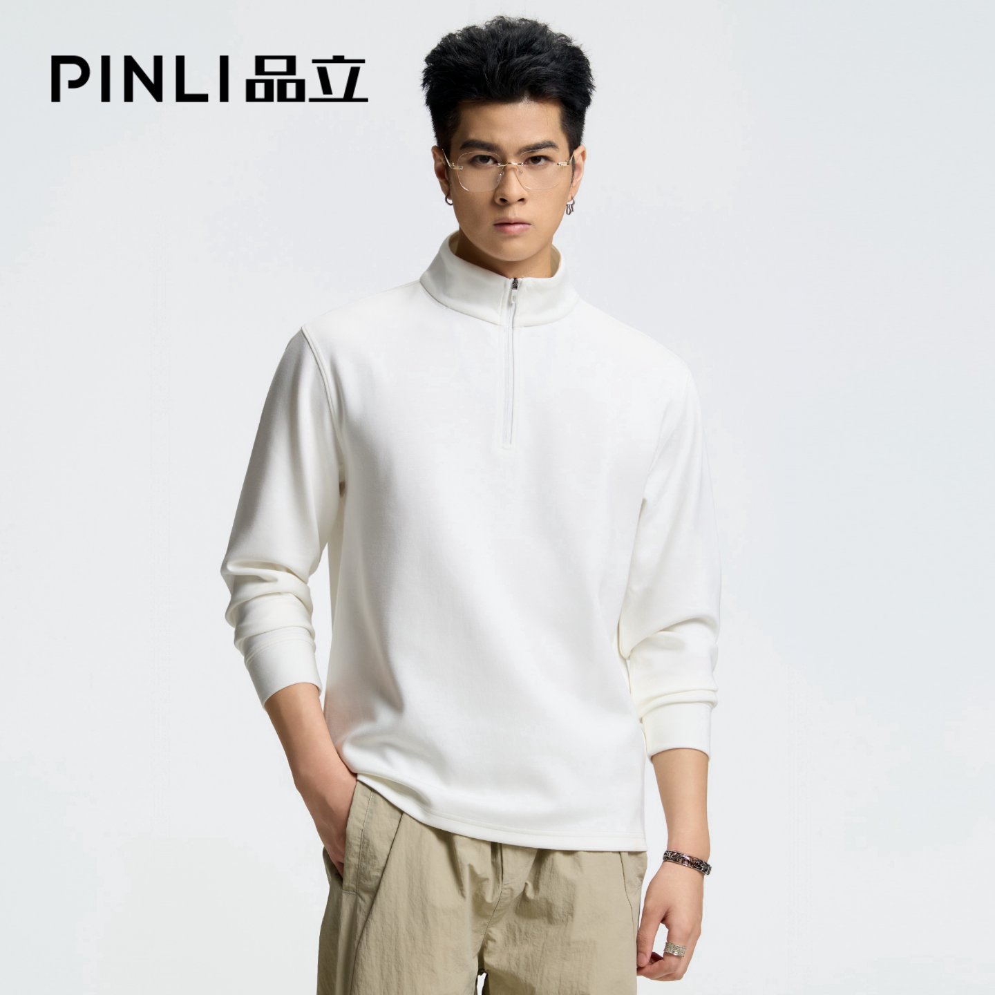 PINLI品立2026秋季新款320G重磅莫代尔Q弹亲肤云感半拉链立领卫衣图片