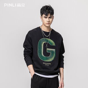 PINLI品立秋季新款男装圆领撞色字母烫钻休闲卫衣BG223209005