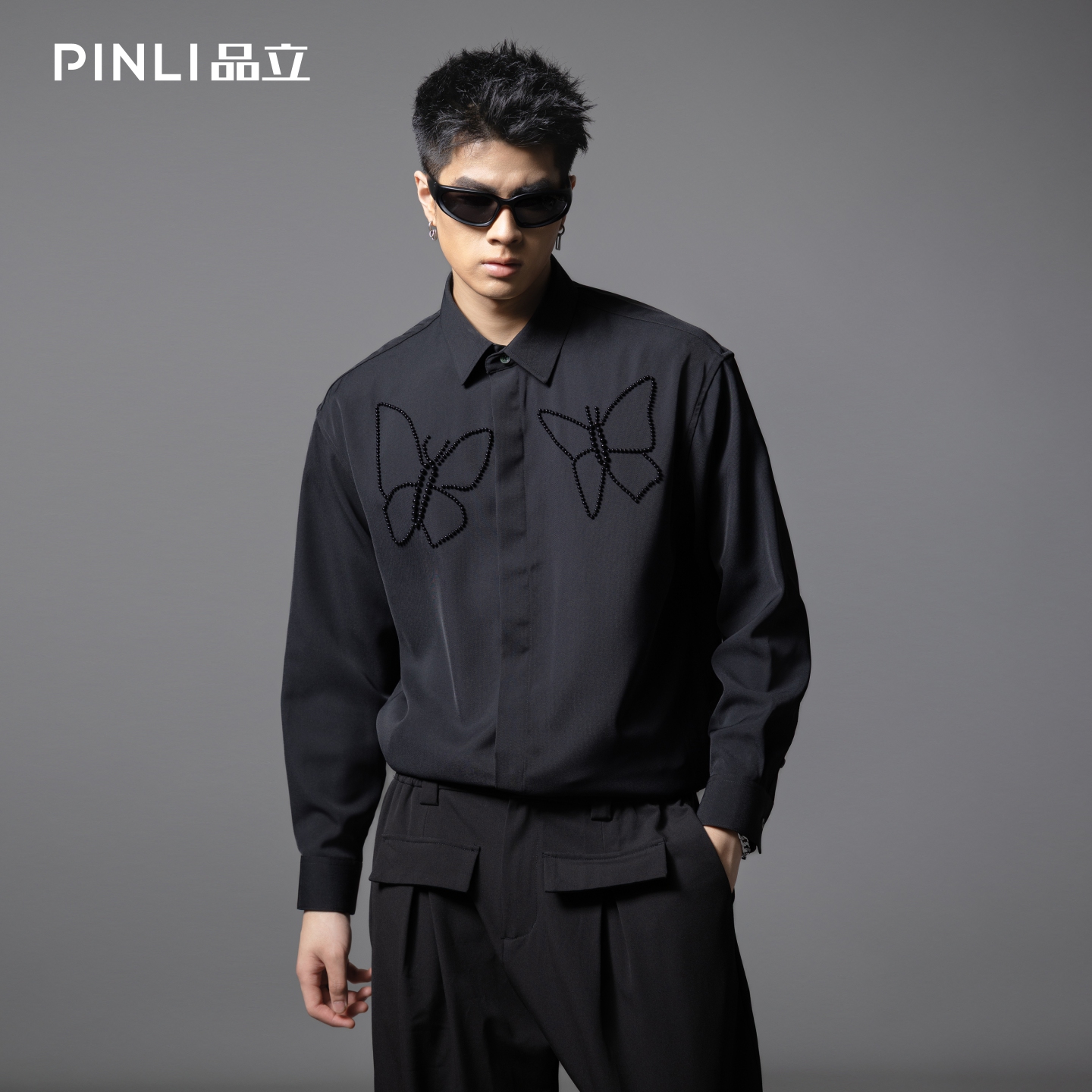 PINLI品立2025夏季新款蝴蝶钉珠长袖衬衫男潮牌宽松休闲衬衣上衣