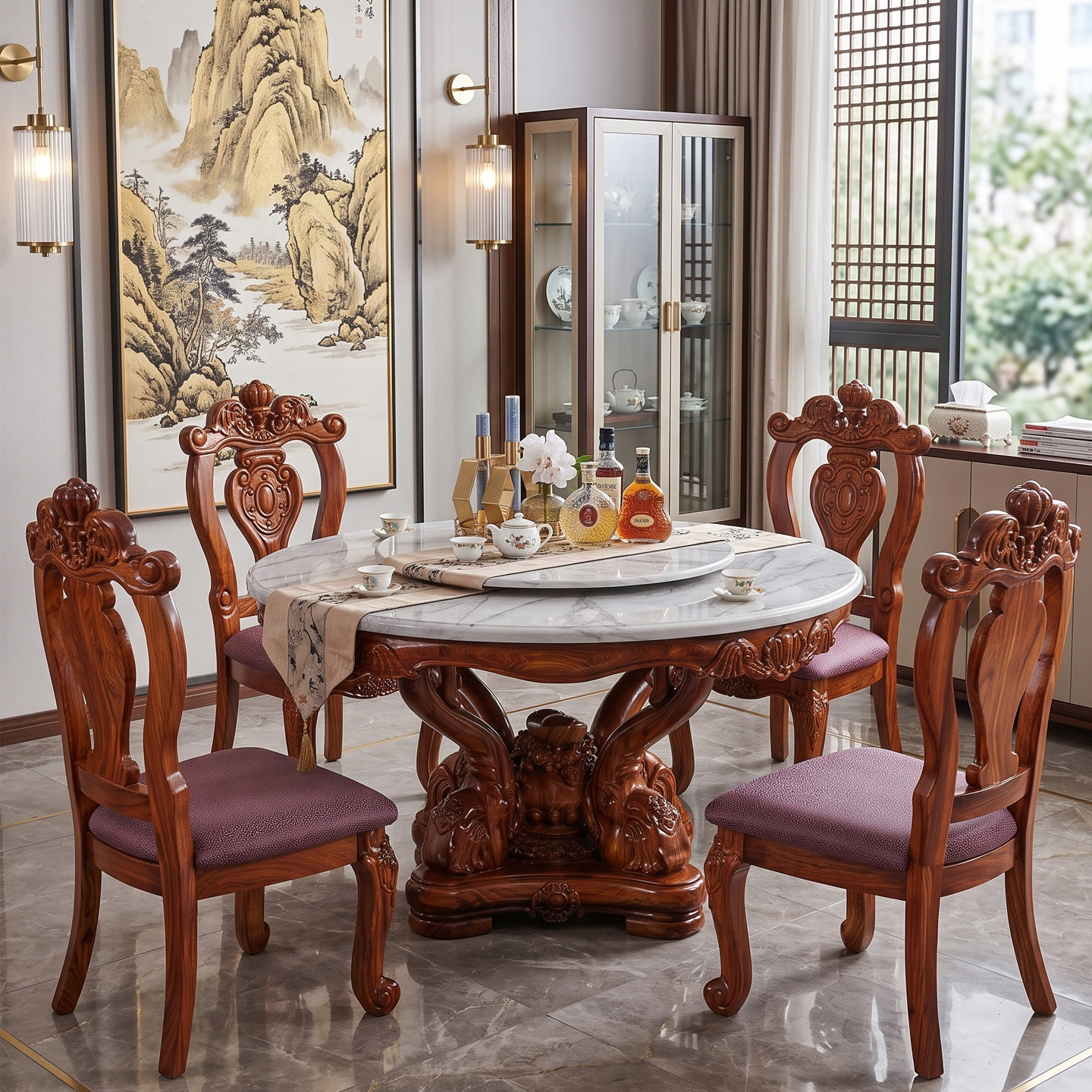 新中式乌金木圆餐桌椅组合欧式实木雕刻圆形餐台大户型餐厅家具