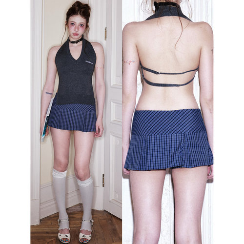 系带挂脖v领显瘦针织背心