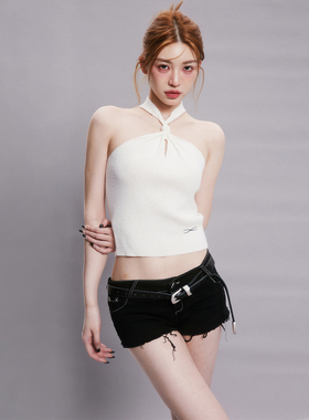 BabeFish Onze辣妹性感挂脖吊带背心夏露脐高腰短紧身纯欲风上衣