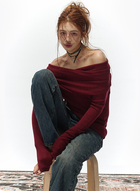 Babefish onze定制羊毛柔软氛围感慵懒一字领弹力毛衣针织上衣