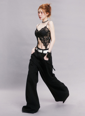 BabeFish Onze黑色工装裤女夏季年新款宽松高腰辣妹阔腿直筒裤