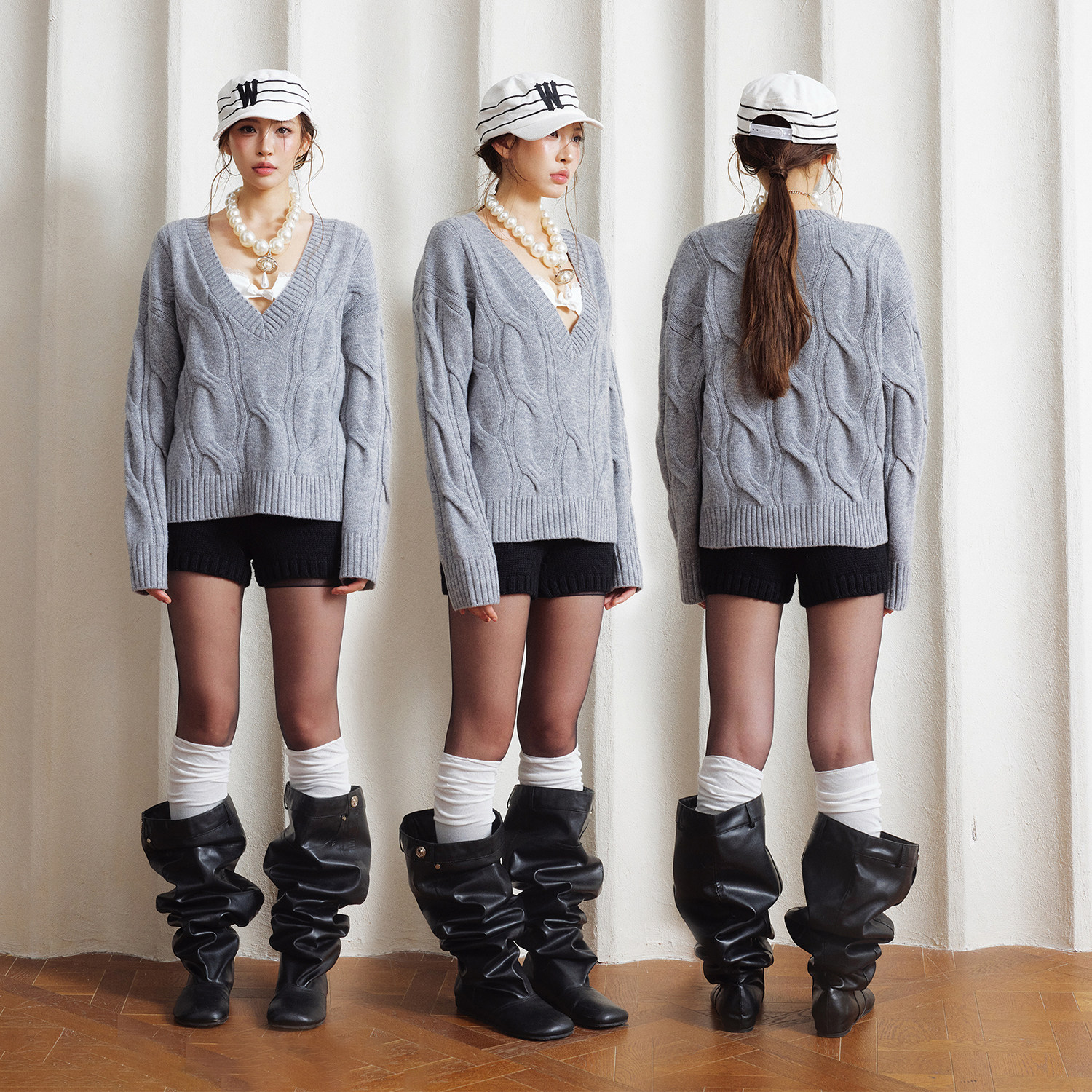 Babefish onze原创廓形羊毛慵懒麻花v领针织毛衣大外套