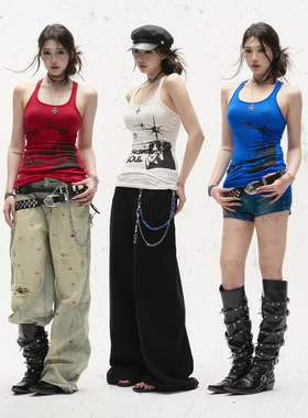 Babefish onze原创定制三色摇滚原创印花紧身吊带两穿背心连衣裙