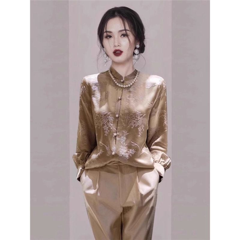 立领提花别致感上衣新/高级专柜真丝复古中式国风女新款长袖衬衫