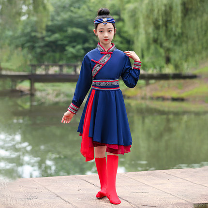 儿童蒙古演出服少数民族蒙族筷子服装男女童蒙古袍套装白马