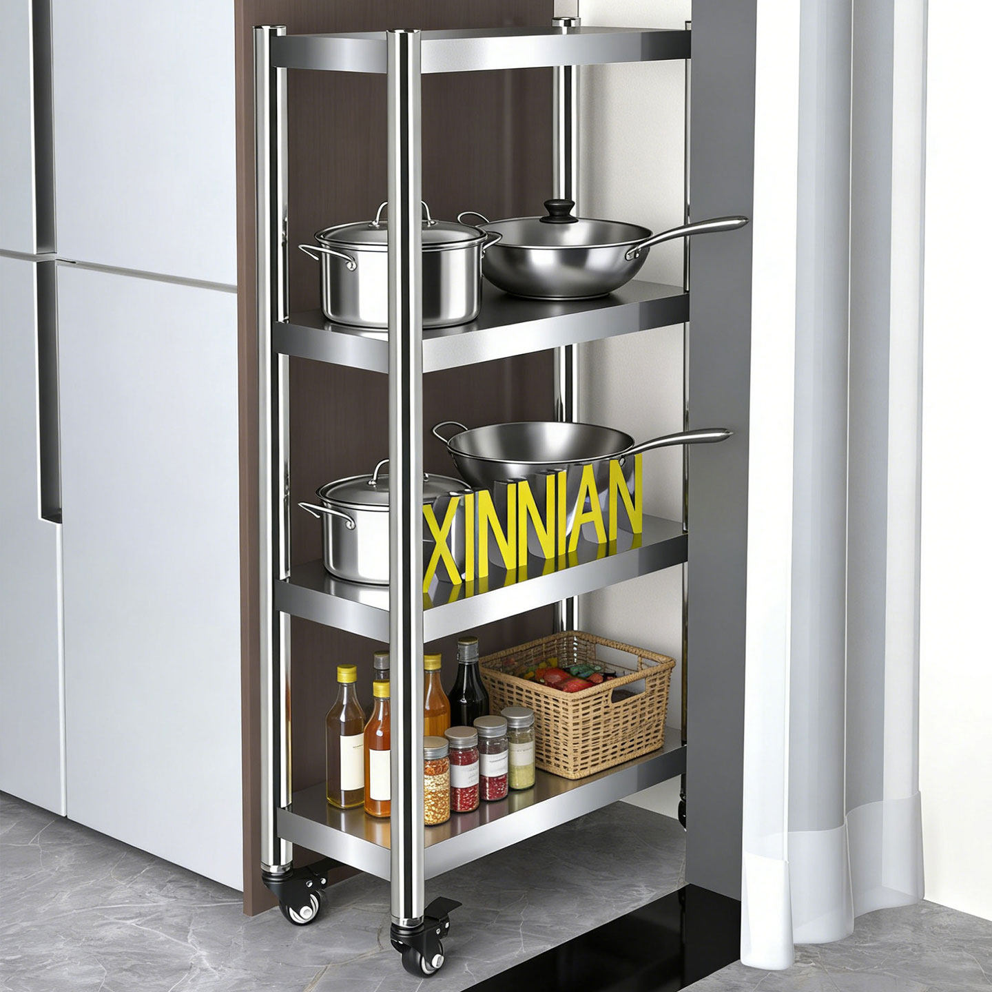 德国加厚不锈钢厨房夹缝置物架窄缝卫生间家用落地带轮架子可定制