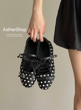 AstherShop原创 波点马毛玛丽珍鞋 黑色双扣带系带平底单鞋女复古