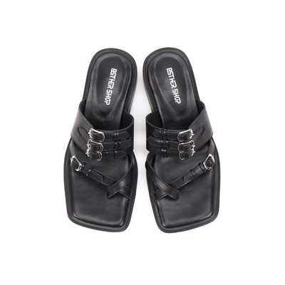 Asthershop原创 方头交叉牛皮夹脚拖鞋 夏季扣带暗黑风粗跟凉鞋