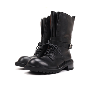 Asthershop原创 圆头暗黑风裤管靴 褶皱系带搭扣短靴 秋冬季靴子