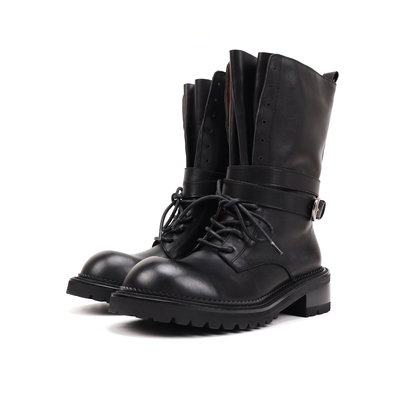 Asthershop原创 圆头暗黑风裤管靴 褶皱系带搭扣短靴 秋冬季靴子