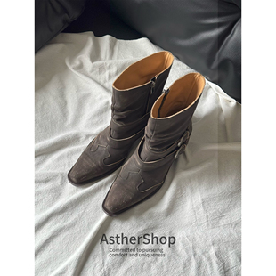 Asthershop原创 尖头复古做旧短靴 一脚蹬皮带扣短筒破坏牛仔靴