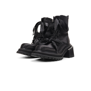 Asthershop原创 绸缎方头短靴 秋季厚底芭蕾风靴子