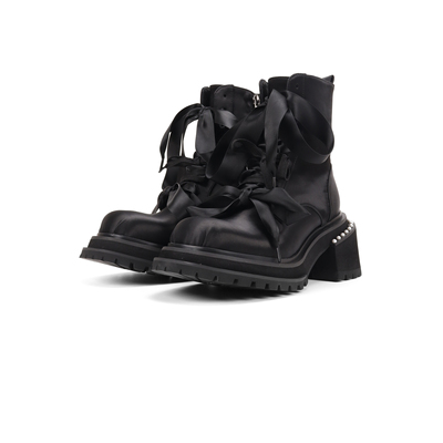 Asthershop原创 绸缎方头短靴 秋季厚底芭蕾风靴子