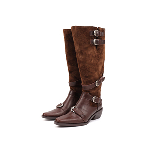 Asthershop原创 牛反麂皮棕色拼接西部靴子 尖头粗跟长筒宽筒女靴