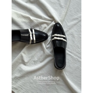 Asthershop原创小圆头乐福鞋白色蝴蝶小皮鞋 芭蕾风粗跟女鞋黑色