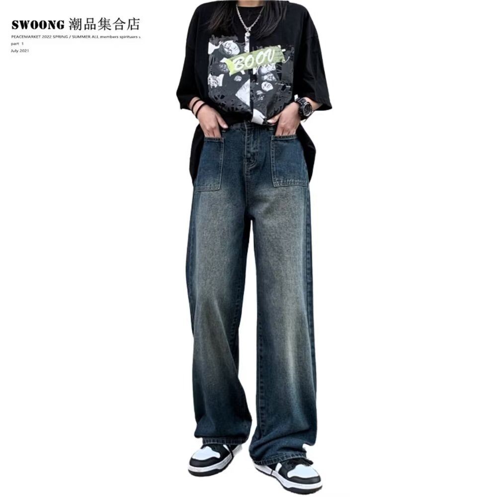 大码复古水洗阔腿牛仔裤女胖mm宽松高街显瘦做旧高腰直筒休闲长裤