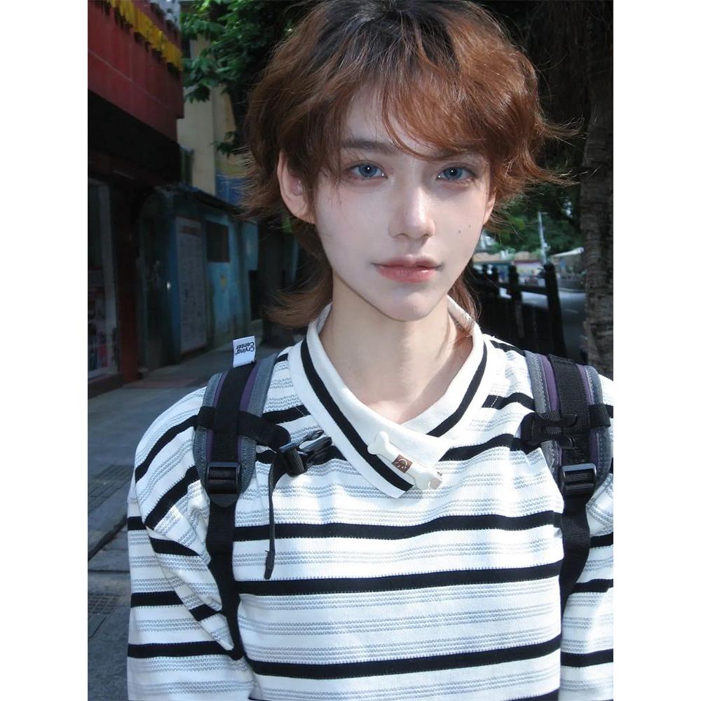 美式条纹翻领POLO衫短袖男夏季新款潮牌不规则领口设计感半袖T恤