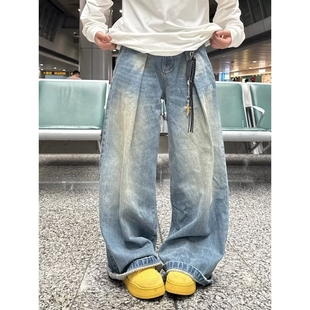 潮流设计感松紧腰学生宽松直筒裤 美式 新款 男春季 子 高街复古牛仔裤