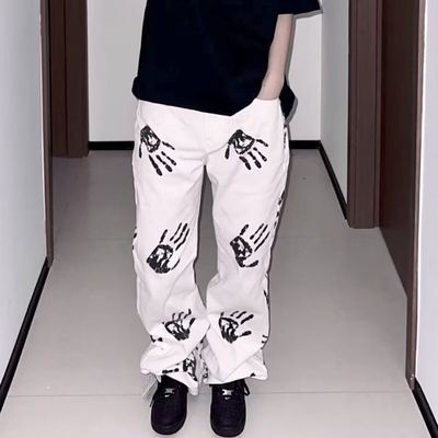 美式高街原创手掌印花白色男女hiphop潮牌炸街微喇长裤设计感牛仔