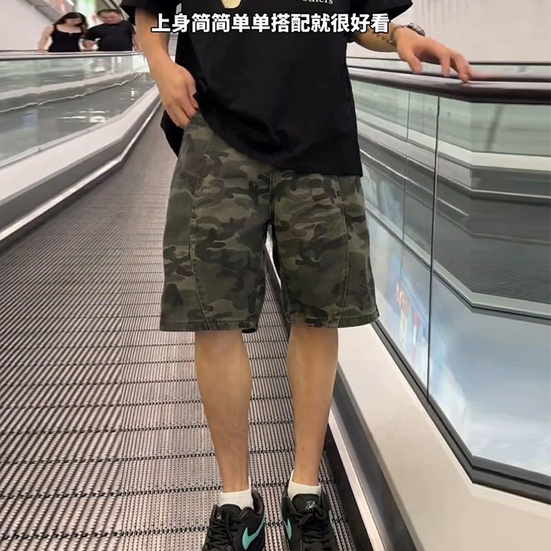 沙漠迷彩短裤男款2025春夏工装复古解构伐木直筒弯刀牛仔五分马裤