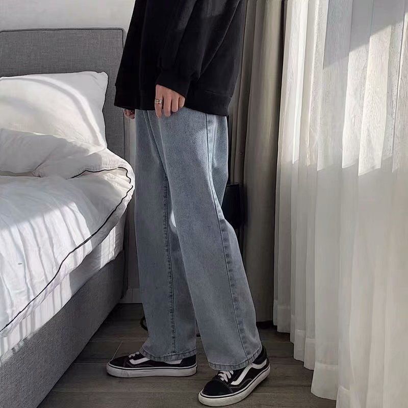 夏季新款宽松直筒裤子男韩版潮流百搭牛仔裤男薄款浅色坠感阔腿裤