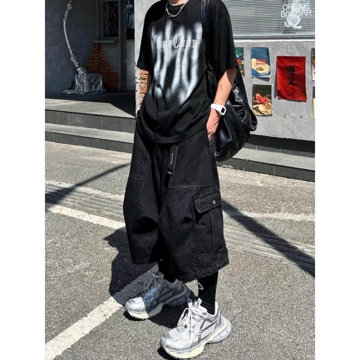 美式高街vibe风牛仔裤男夏季潮牌宽松直筒阔腿裤子痞帅炸街七分裤
