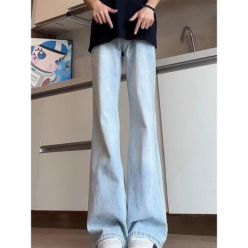 浅蓝色弯刀牛仔裤男夏季美式高街vibe裤子高腰直筒微喇宽松阔腿裤