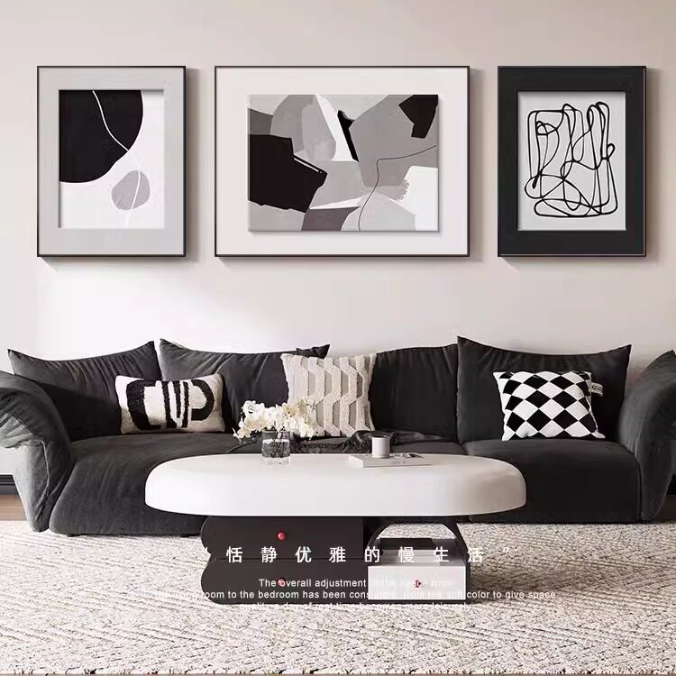 黑白灰抽象客厅装饰画现代简约电视沙发背景墙面挂画高级感三联画
