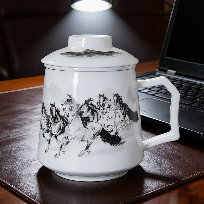 景德镇陶瓷三件式过滤茶杯带盖茶水分离家用泡茶杯办公杯带茶隔杯