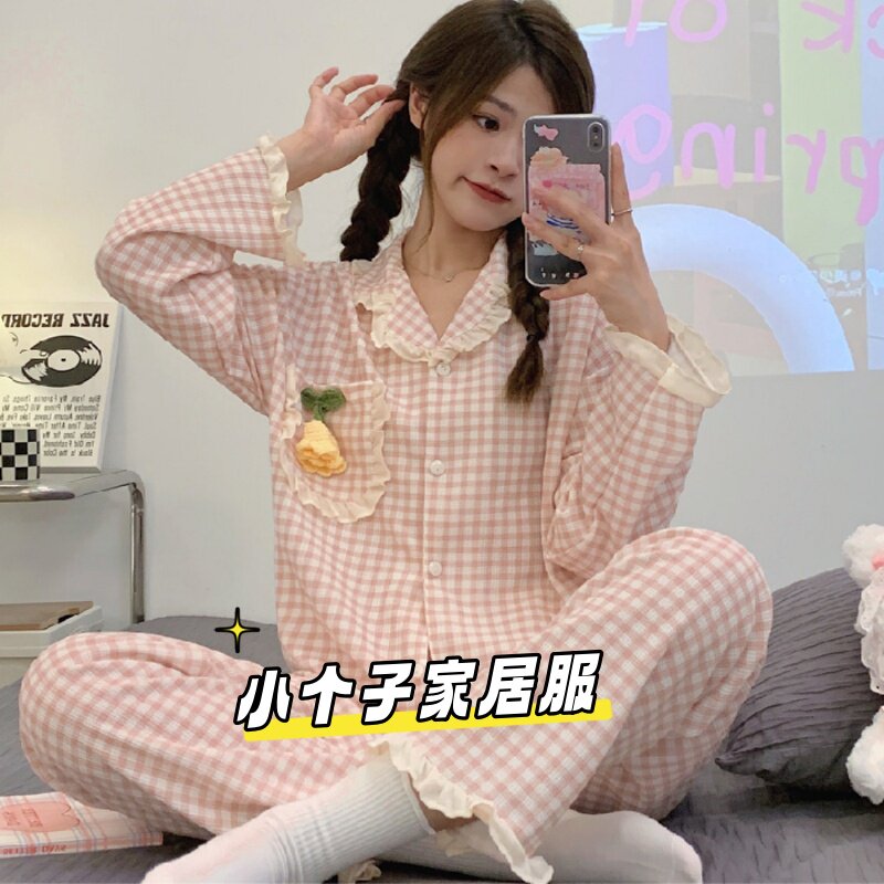 甜美格子长袖睡衣套装150cm