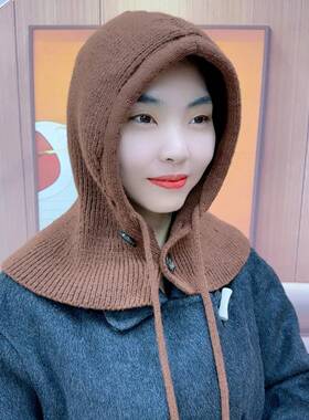 新款时尚帽子女款冬季保暖雷锋帽围脖一体护耳毛线帽针织帽