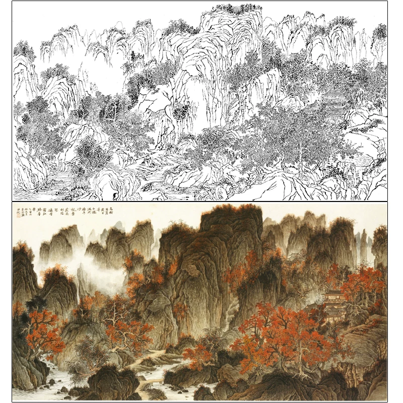 高清横幅山水秋景枫叶底稿工笔画绘图/白图纸