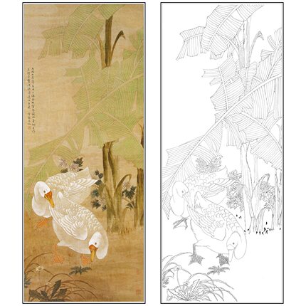 陈之佛花鸟竖幅工笔画白描底稿《蕉阴双鹅》芭蕉鸽子打印线稿QA25