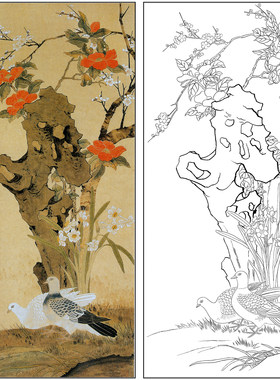 工笔画白描底稿山茶双鸽陈之佛竖幅四尺花鸟高清实物打印线稿A095