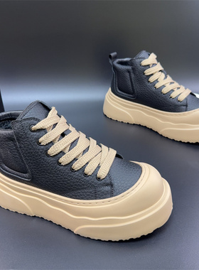 冬季棉鞋短靴2025新款厚底高帮鞋男黑色系带休闲鞋百搭潮流板鞋
