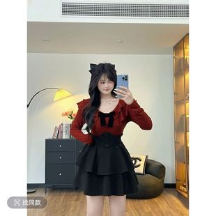 胖mm不规则蝴蝶结上衣鱼骨束腰裙套装 大码 女秋季 套装 韩系复古时尚