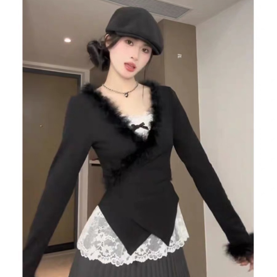 甜欲教主~三件套装女秋冬小香风穿搭纯欲针织开衫蕾丝内搭百褶裙