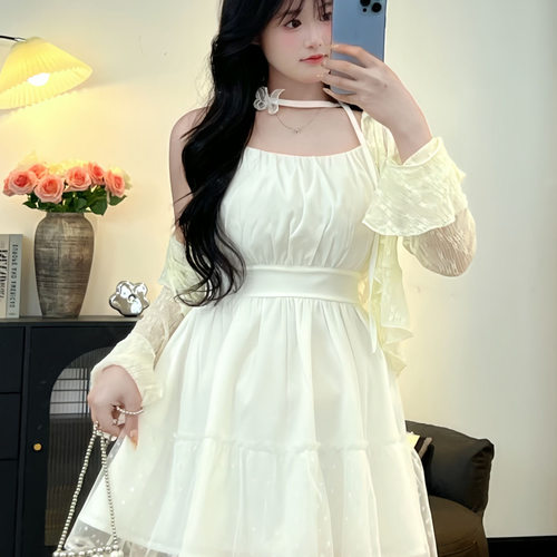 女春夏胖mm显瘦蓬蓬裙开衫两件套