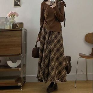 不规则斜肩长袖上衣雪纺格纹半身裙女套装薄款2025早秋新款连衣裙