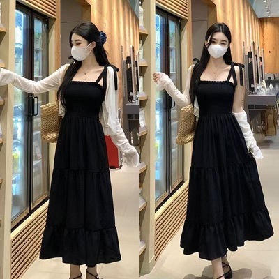 赫本风黑色裙子披肩防晒衣套装