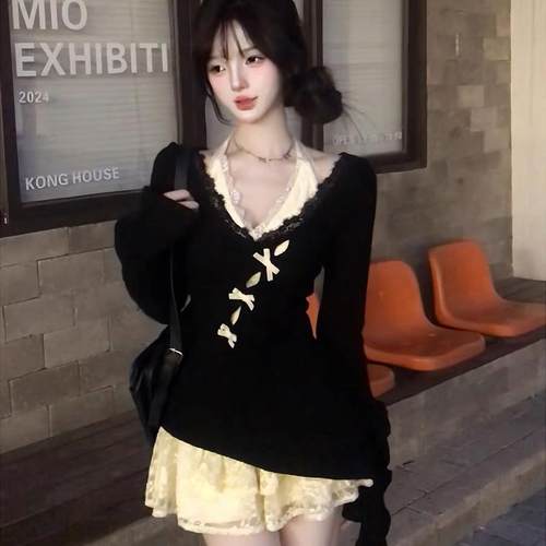 深秋初冬穿搭小个子纯欲风高级感针织罩衫蕾丝连衣裙子两件套装女