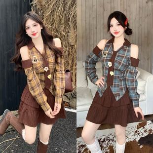 胖MM露肩格子长袖 女秋季 上衣高腰a字短裙两件套 韩系休闲套装 大码