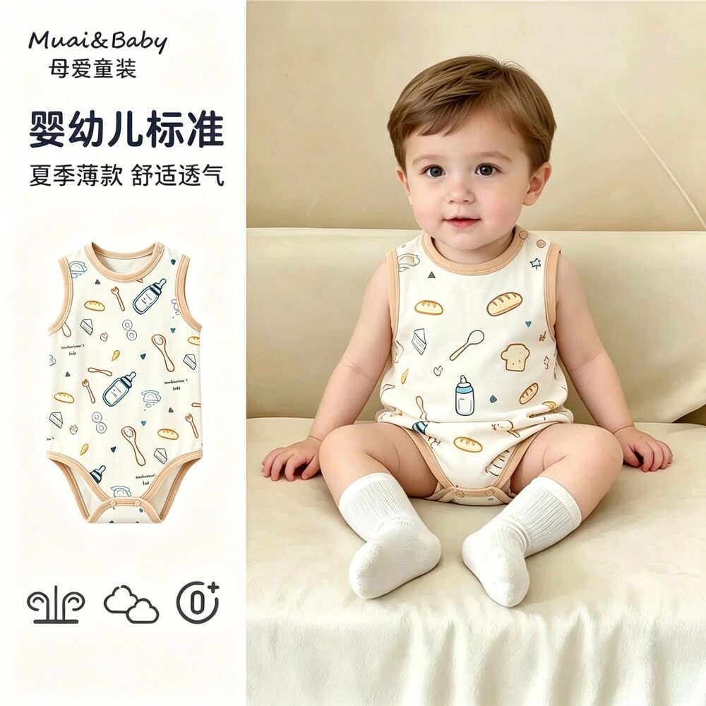 夏季薄款无袖婴幼儿卡通透气爬服