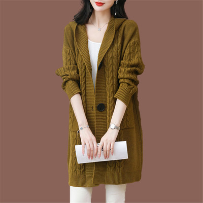 2025新款秋冬针织衫开衫女中长款宽松慵懒风毛衣外套连帽外搭上衣