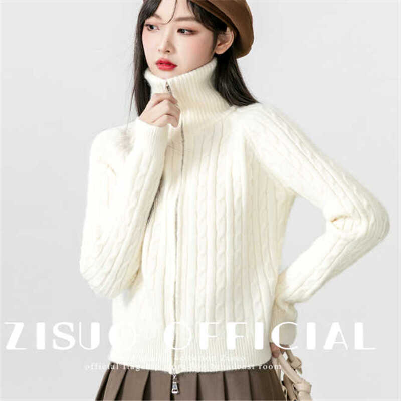 针织秋冬毛衣短外套奶白色立领女