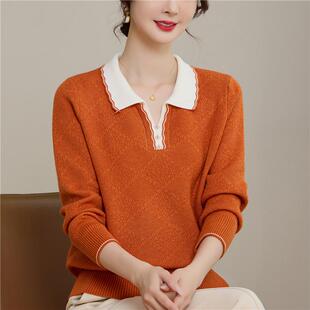 秋冬翻领针织上衣时尚纯色带领打底衫2024年新款女装毛衣宽松外穿