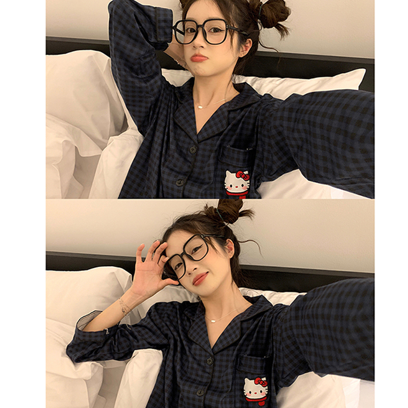 学生卡通Kitty睡衣舒适纯棉刺绣可外穿格子大码家居服套装女春秋